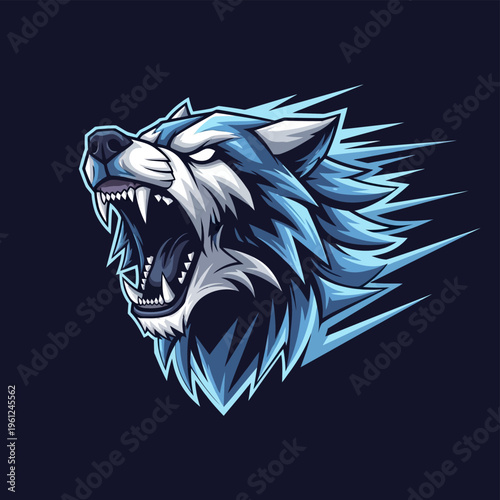 Furious blue wolf head roaring with sharp teeth and glowing eyes.