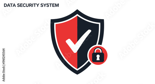 A symbolic vector representation of data security, featuring a shield with a check mark and a padlock icon. The shield is divided in half with red and black. It represents protection and con
