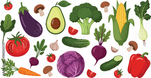 Organic vegetable vector collection. Large set of icons including purple cabbage, corn on the cob, avocado, broccoli, beetroot, red pepper, and mushrooms for food design.
