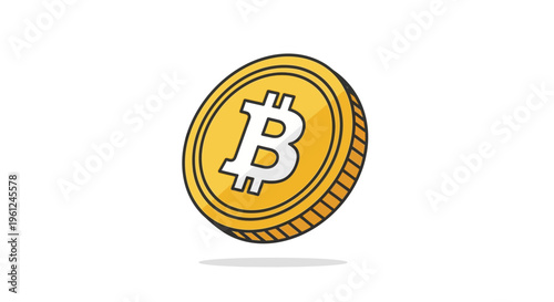 Digitally rendered image depicting a solitary golden Bitcoin coin icon, with a slight 3D perspective and minimalist, clean outline style, representing digital currency, virtual money, crypto