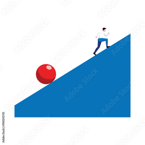 A person balancing on a slope while a ball rolls down towards them