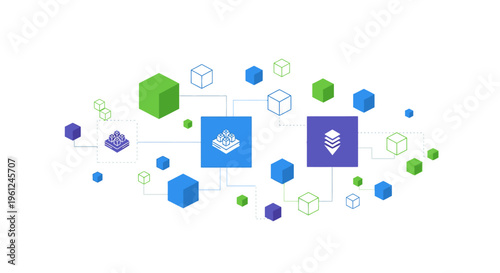 Abstract digital data visualization with interconnected isometric cubes, squares, and polygonal shapes representing network connection and technology on a clean white background.