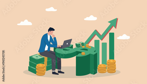 Revenue growth or investment profit to increase earning wealth accumulate, growing income financial analysis concept, businessman working computer laptop dollar too sign money with rising graph