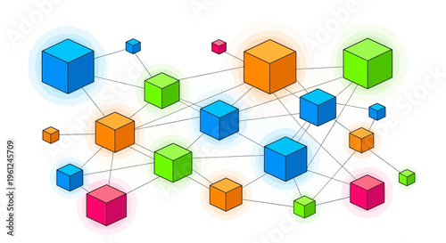 Abstract digital blockchain network of colorful cubes connected by light grey lines representing data transfers, decentralized web in modern flat design against white background.