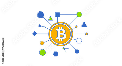 Abstract digital cryptocurrency network concept design with a Bitcoin symbol in the center, connected to various geometric shapes, suggesting blockchain technology and online transactions in