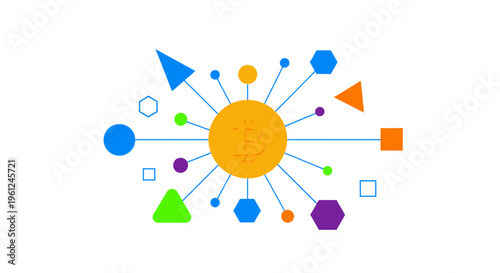 Abstract geometric design featuring a central, radiant shape with interconnected elements, symbolizing connection, networking, global reach, and data visualization in a modern, flat-design s