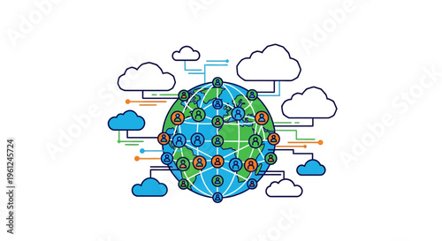 A vibrant and modern vector depiction of global interconnectedness, showcasing international networking and cloud computing, with stylized individuals linked across continents within a clean