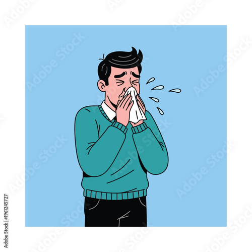 A man sneezing vigorously while covering his nose and mouth with both hands