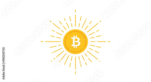 Illustrative representation of Bitcoin as a shining sun emitting radiant beams of prosperity, concept of financial growth, cryptocurrency investing, and digital currency, set against a prist