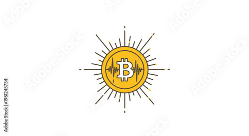 A minimalist, artistic representation of Bitcoin, symbolized as a radiant coin pulsating with a heartbeat, signifying the ever-changing value in the digital currency market, on a white backg