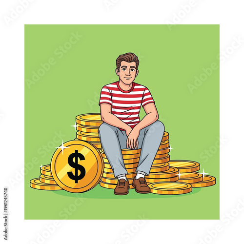 A cheerful individual sitting amidst a fortune of stacked coins and a large dollar sign.