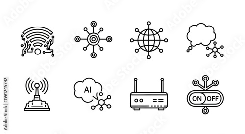 Minimalist black and white vector icons set of different technological concepts, including wireless internet, computer networks with globe, AI cloud, antenna, and router switch in abstract s