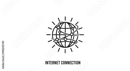 Minimalist black and white line art depicting the globe with connecting lines and radiating light, symbolizing global communication and internet connectivity in a simplified, modern, and bus