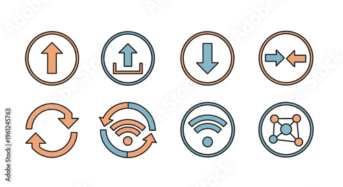 Minimalist digital data transfer and network connectivity icon set, featuring upload, download, refresh, wifi, and data exchange symbols in a simple, modern design, perfect for tech or web u