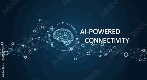 Conceptual representation showcasing AI-powered connectivity with a central brain graphic surrounded by a network of interconnected points and lines on a dark blue background symbolizing mod