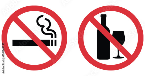 no smoking and no alcohol signs, no smoking icon and no drinking icon, red prohibition symbols, health safety warning concept, public restriction signage, clean lifestyle awareness illustration.