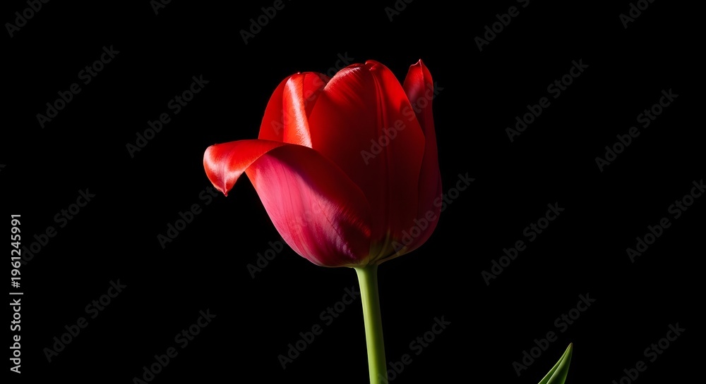 Obraz premium A vibrant red tulip standing alone against a dark background showcasing its delicate petals and slender stem in a simple yet striking composition