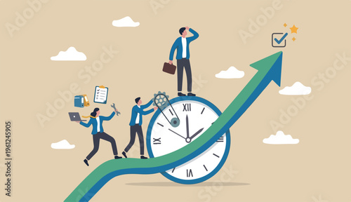 Time management, effort or efficiency boost, productivity finish project, teamwork planning, multitasking finish work within deadline concept, business people riding clock up rising arrow