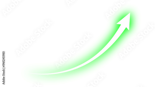 Neon glowing green curved vector arrow moving up concept of stock market business growth, financial profit, economic growth, business grow up trend. Business growth upward arrow sign.