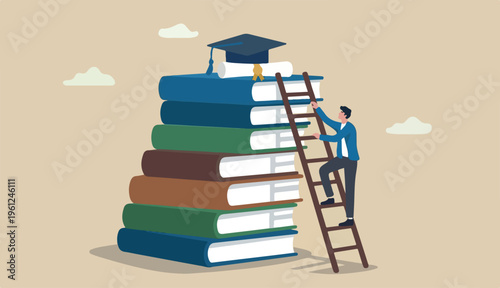 Education degree achievement, graduation college university diploma, school learning classroom, wisdom scholar concept, young adult student climb up Big desk ladder reach graduate mortarboard hat
