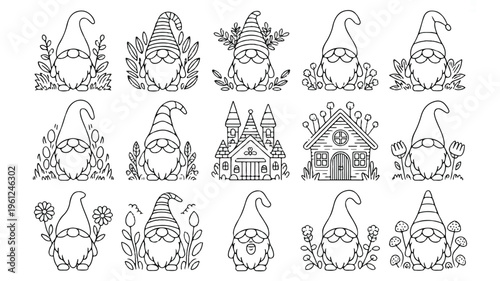 set of cute gnomes and house in doodle style with flowers and plants