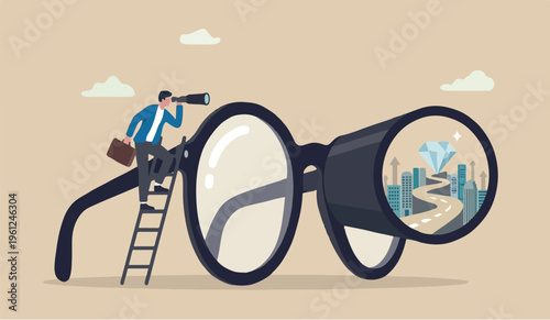  Clear business clarity transparency discover way to success or looking for business opportunity, precision or accuracy concept, businessman climb up big eyeglasses see vision on telescope