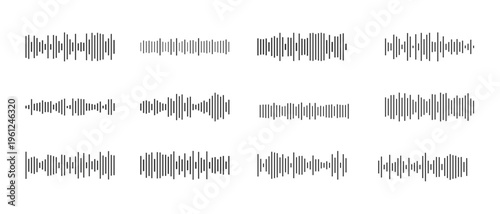 Podcast sound waves set.Music player sound bar.  Monochrome simple sound wave on transparent background. Abstract music wave, radio signal frequency and digital voice visualisation.