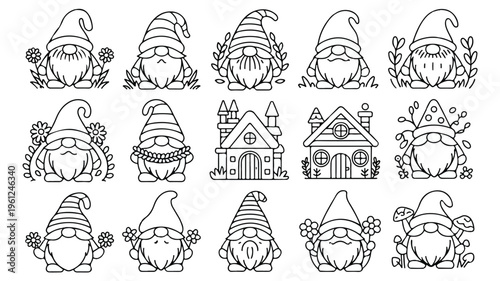 set of cute gnomes and houses drawings with flowers