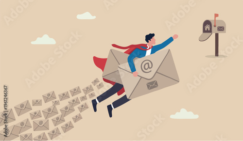 Email this for is communication,to marketing campaign from subscription, sending message or information concept, businessman superhero carrying big email envelope flying to recipient address