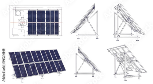 Solar Panel Blueprint Vector – Photovoltaic Collector System Multiview Technical Drawing Blue Purple Outline