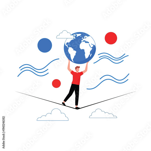 Balancing globe on a tightrope between celestial bodies and clouds