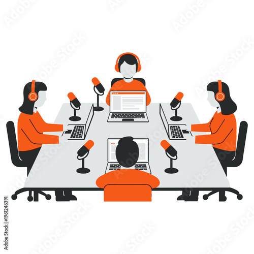 Team recording a podcast episode with multiple microphones and laptops in a modern studio