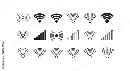 Wifi signal strength icons set with various connectivity symbols