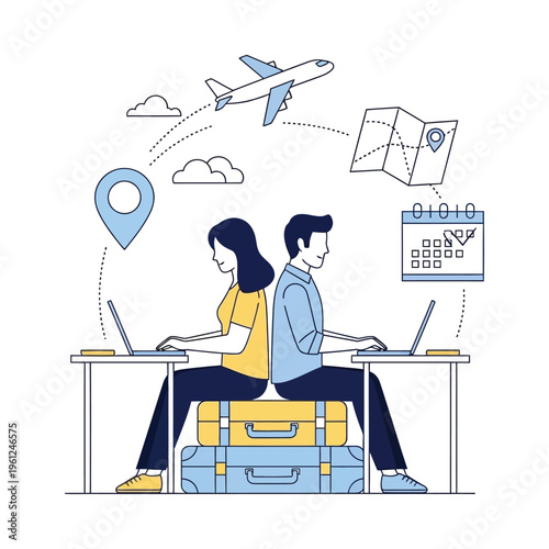 Couple planning a journey together using digital devices and travel tools