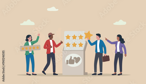 Customer loyalty, consumer an satisfaction giving 5 stars rating feedback, best user experience trust service again concept, various customer or people giving 5 stars review for in quality service