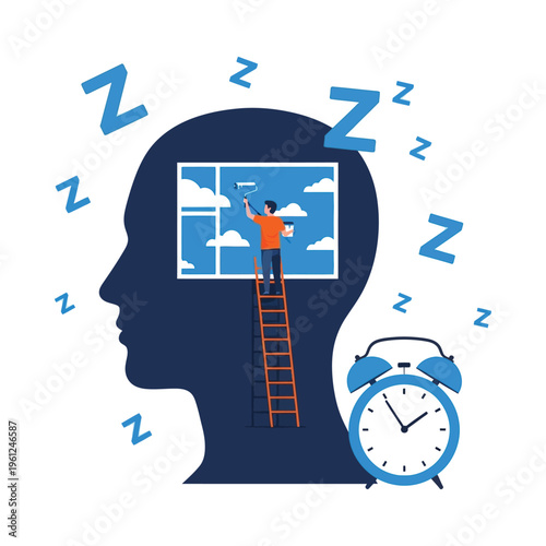 Climbing towards dreams and peaceful sleep with an alarm clock.