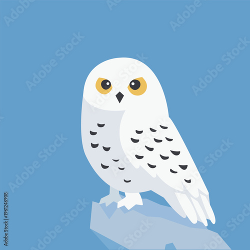 Coruja das neves pousada em uma rocha isolada no fundo azul - ilustração vetorial no estilo flat minimalista