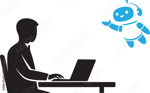 Man working on laptop with a robotic assistant floating nearby