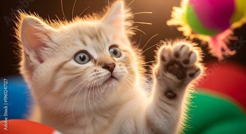 Fluffy cream kitten with blue eyes playfully reaching for a colorful toy in warm light on a dark background