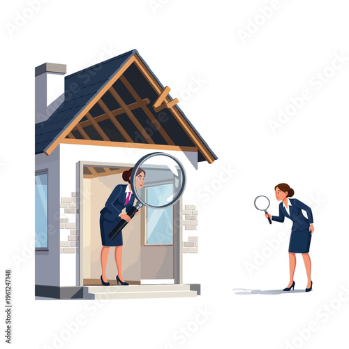 Real estate agents inspecting a house together using a magnifying glass.