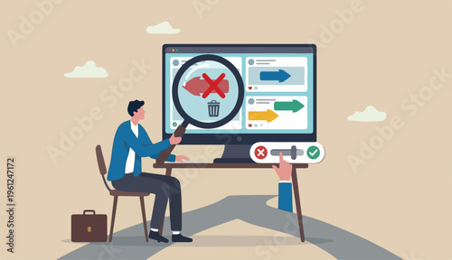 Fake news or false information spreading website and social media, screening verify truth before to sharing or believe concept, man with magnifying glass verify fake news in website on computer