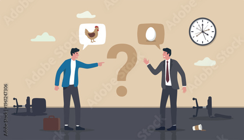 Business argument, conflict or disagreement, wasted meeting time arguing with no result, controversy question concept, businessman colleagues arguing fight chicken vs egg who come first