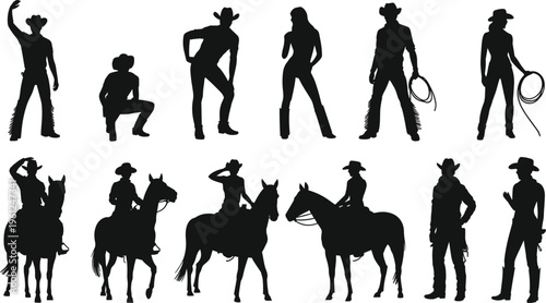 Cowboy and cowgirl silhouette vector set, western rodeo characters with horse riding poses, lasso action, country lifestyle illustration collection