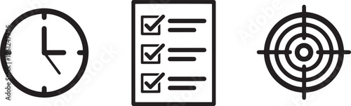 Icons for time management including clock, checklist with checkboxes and target or bullseye.