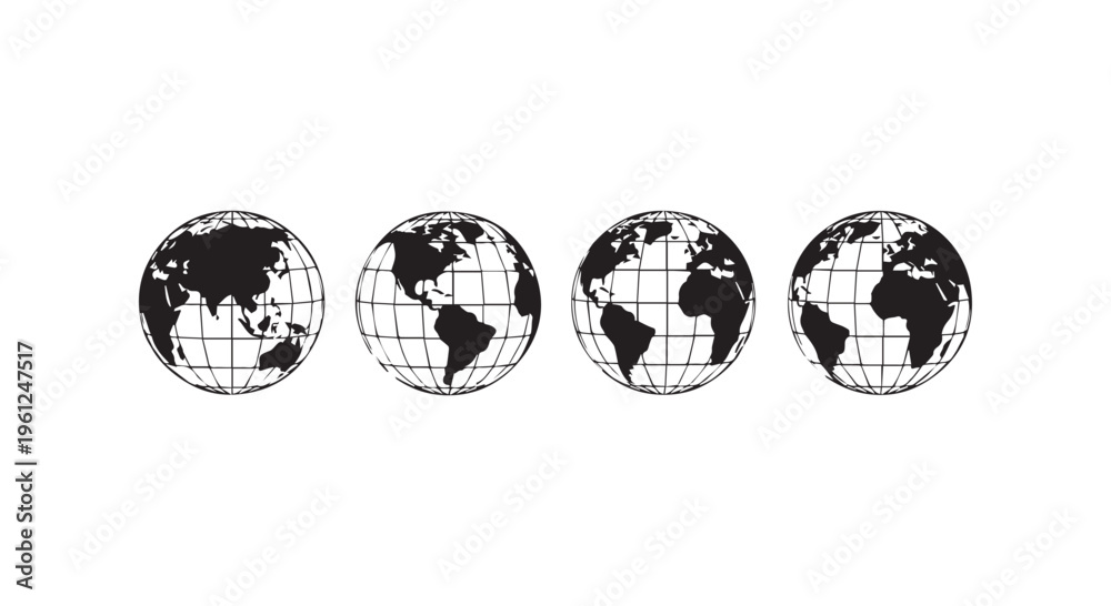 Obraz premium Four black and white globes with grid lines on a white background