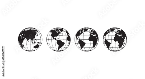 Four black and white globes with grid lines on a white background