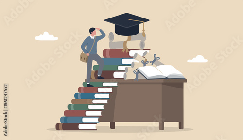 Education degree achievement, graduation college to university diploma, school learning classroom, wisdom scholar concept, young adult student in climb up Big desk ladder reach or graduate mortarboard