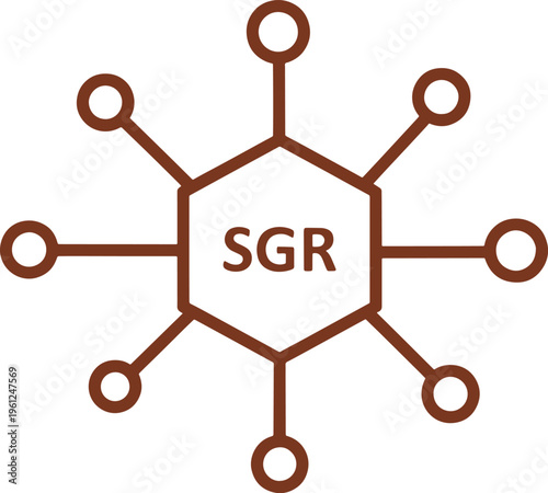 Brown hexagonal whisk symbol with three letters and six circles on each vertex
