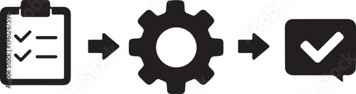Workflow process with checklist gears and confirmation steps illustrated