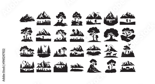 Collection of various black silhouette icons featuring nature and man-made structures